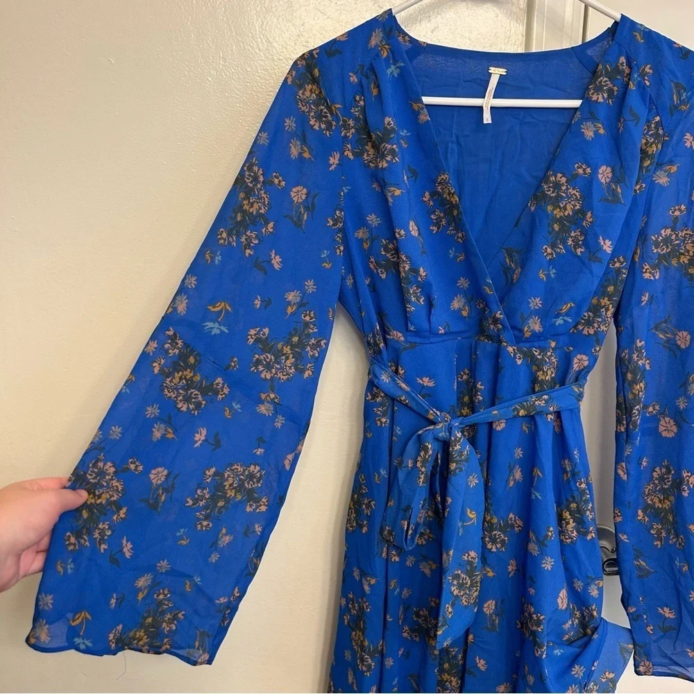 Free People Lilou Blue Floral Long Sleeve Mini Dress Women’s Small Boho Chic